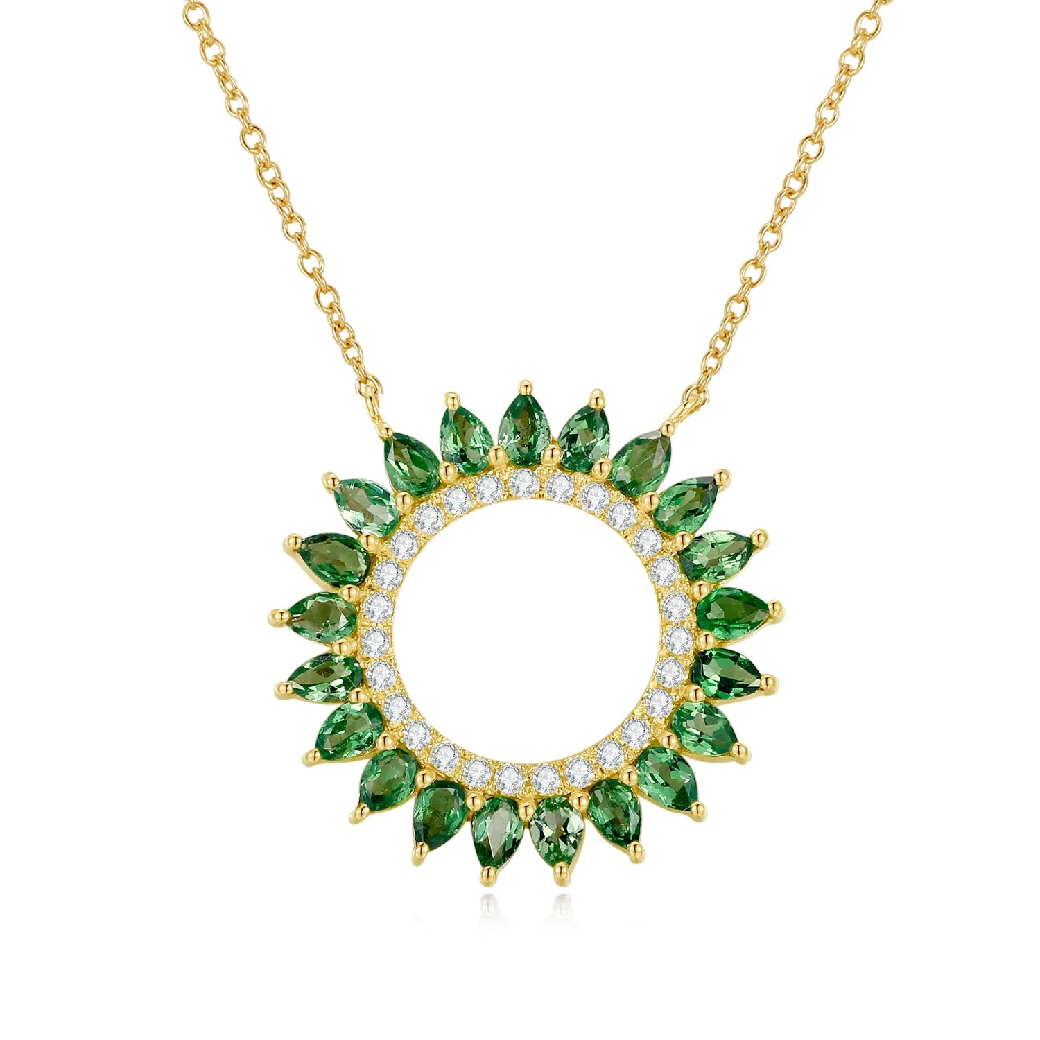 14K Solid Gold Natural 0.139ct Diamond (G-H, SI1-SI2) Green Sapphire Round Circle Pendant Necklace