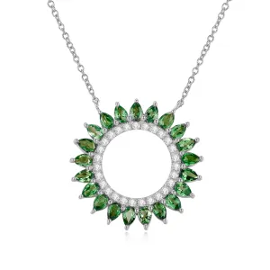 14K Solid Gold Natural 0.139ct Diamond (G-H, SI1-SI2) Green Sapphire Round Circle Pendant Necklace