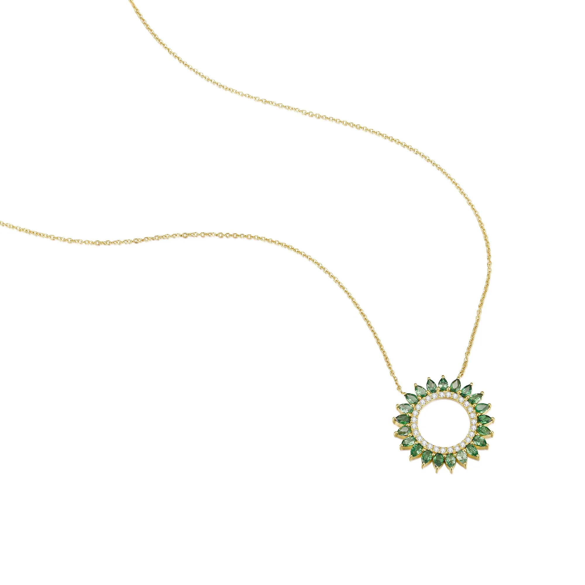 14K Solid Gold Natural 0.139ct Diamond (G-H, SI1-SI2) Green Sapphire Round Circle Pendant Necklace