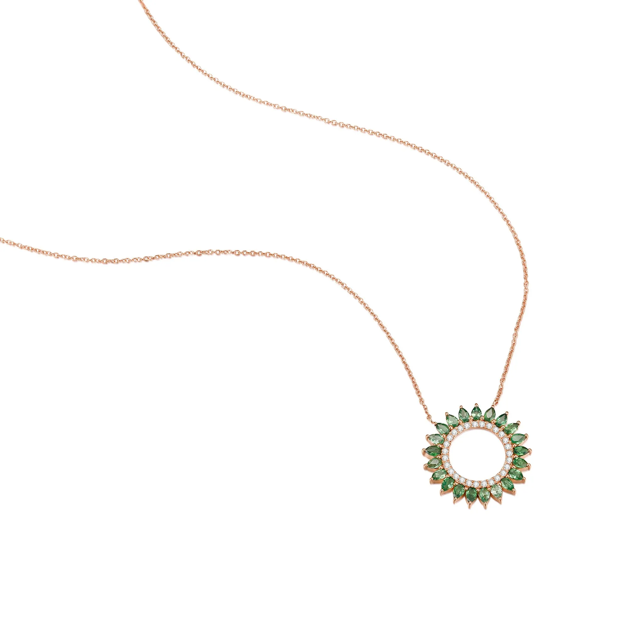 14K Solid Gold Natural 0.139ct Diamond (G-H, SI1-SI2) Green Sapphire Round Circle Pendant Necklace
