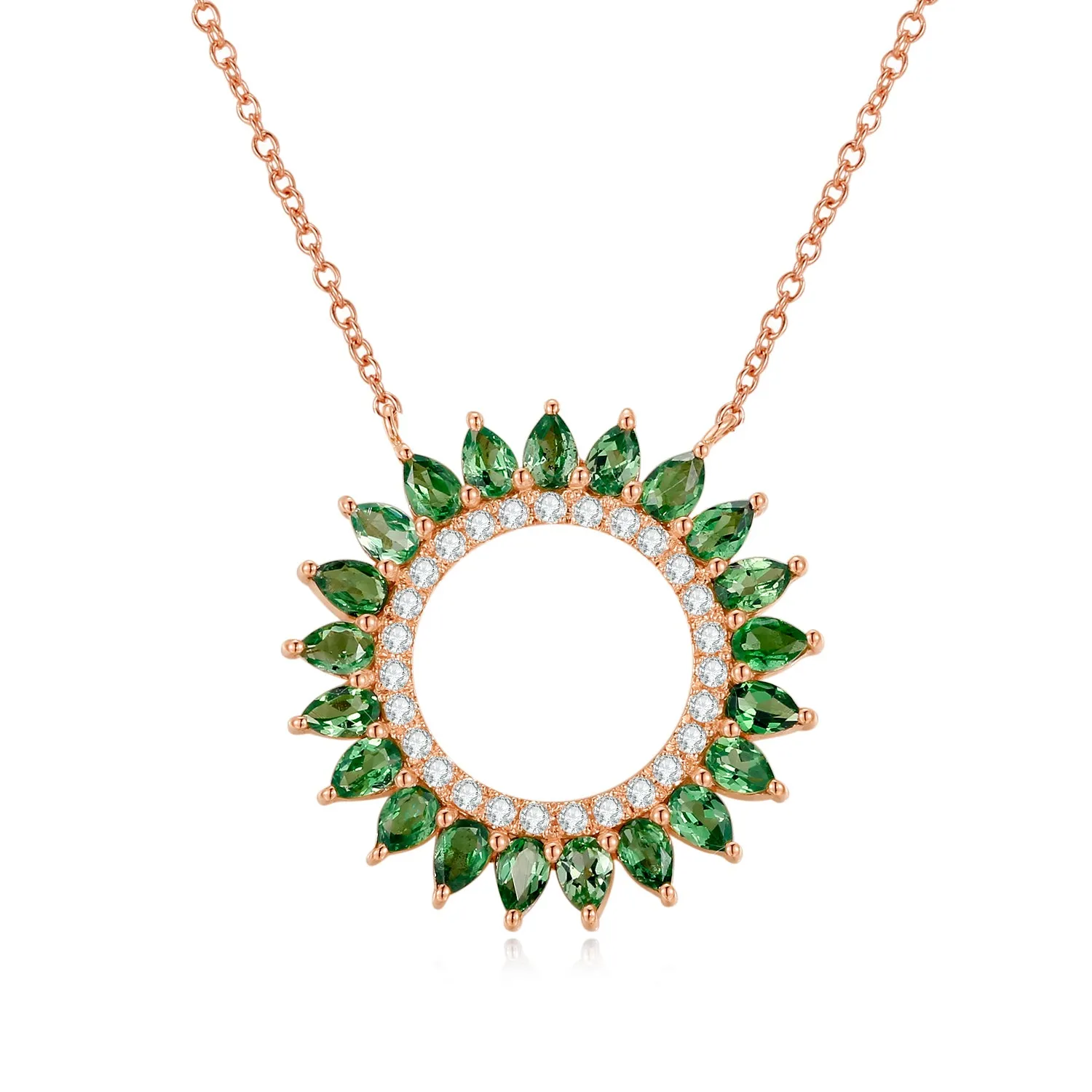 14K Solid Gold Natural 0.139ct Diamond (G-H, SI1-SI2) Green Sapphire Round Circle Pendant Necklace