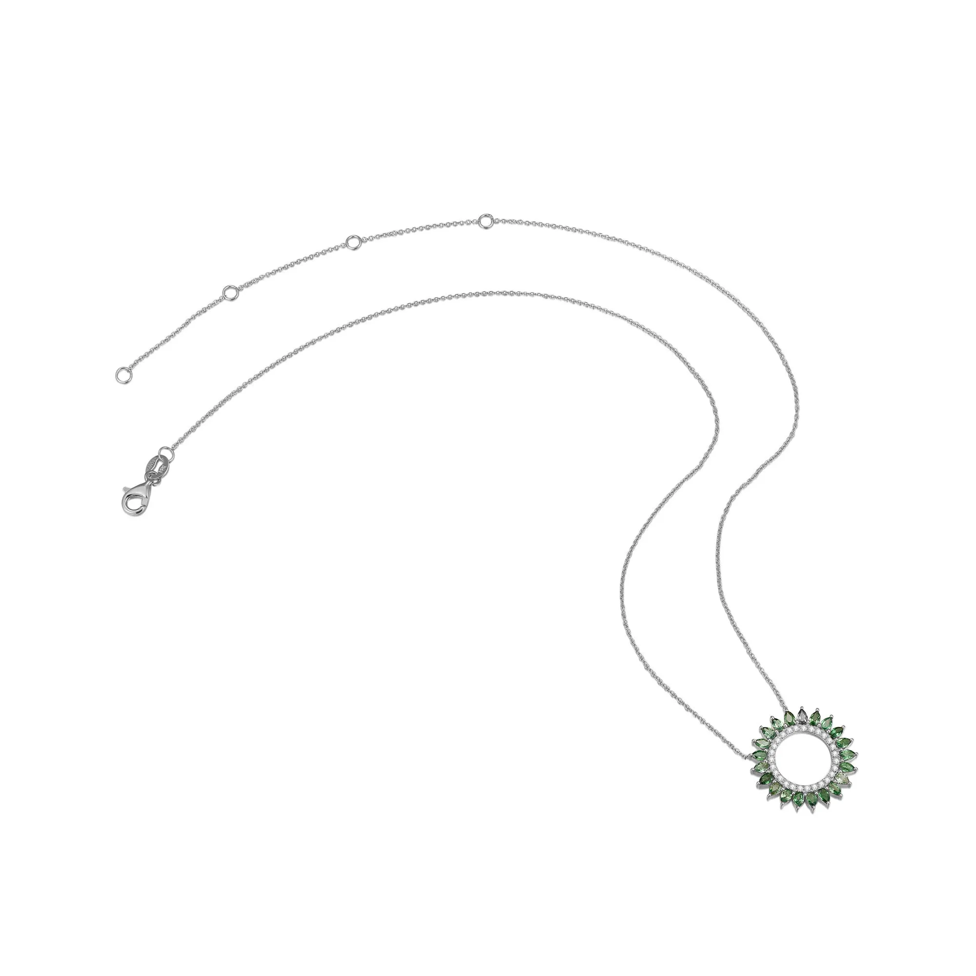 14K Solid Gold Natural 0.139ct Diamond (G-H, SI1-SI2) Green Sapphire Round Circle Pendant Necklace
