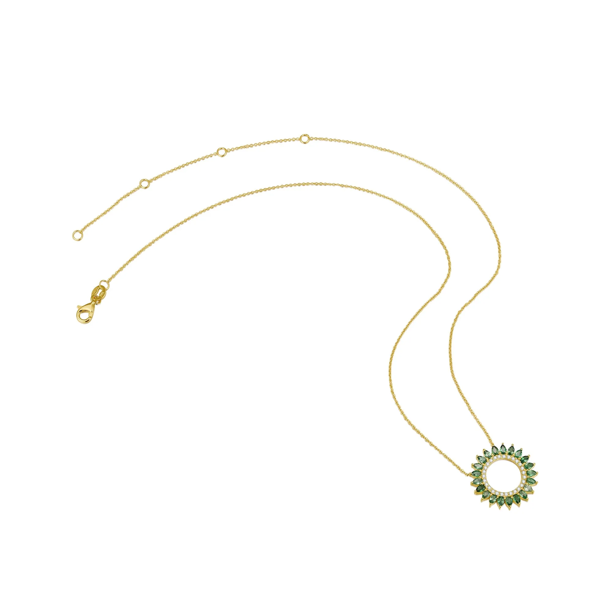 14K Solid Gold Natural 0.139ct Diamond (G-H, SI1-SI2) Green Sapphire Round Circle Pendant Necklace