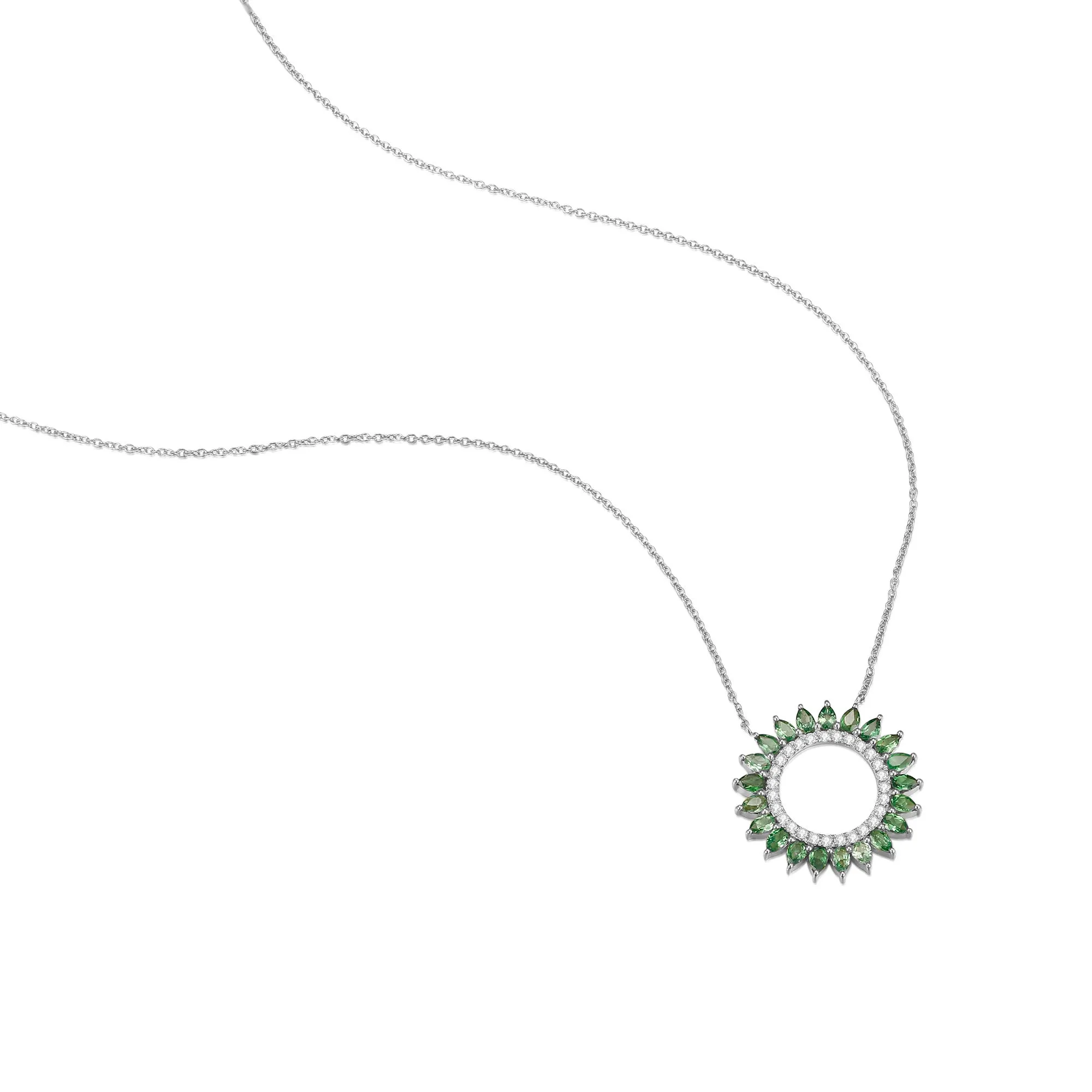 14K Solid Gold Natural 0.139ct Diamond (G-H, SI1-SI2) Green Sapphire Round Circle Pendant Necklace