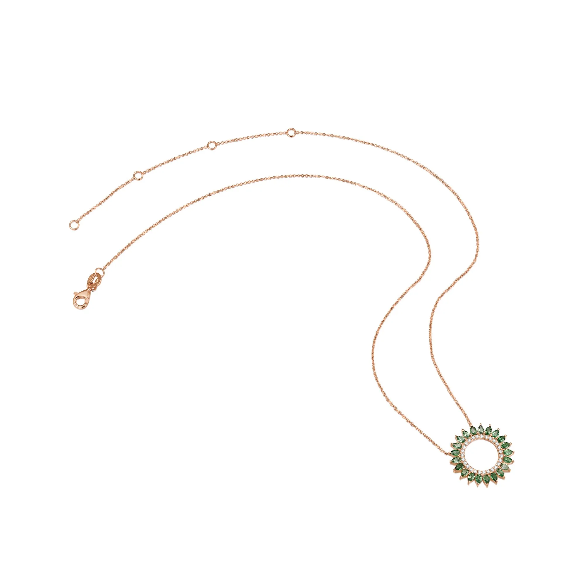 14K Solid Gold Natural 0.139ct Diamond (G-H, SI1-SI2) Green Sapphire Round Circle Pendant Necklace