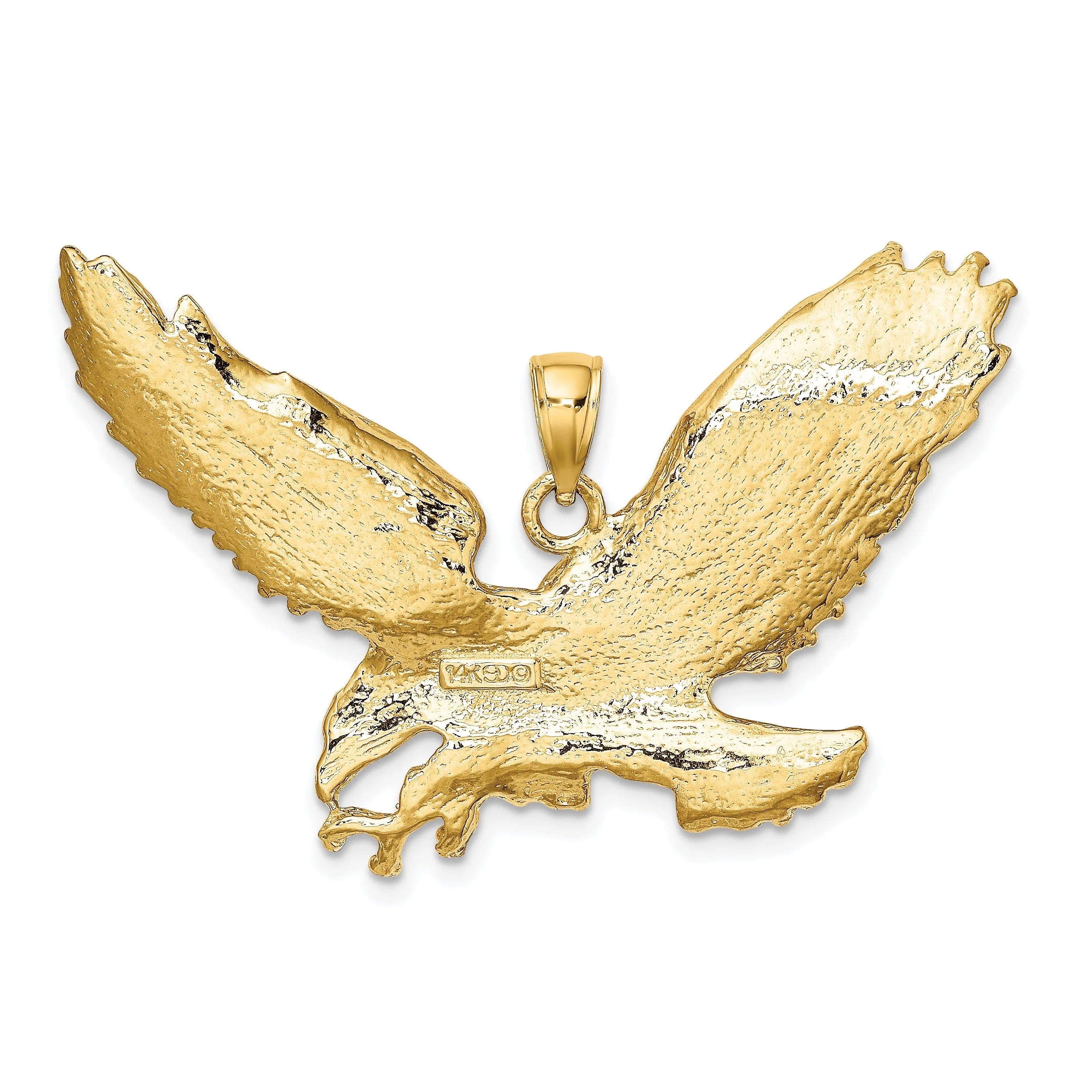 14K Yellow Gold Textured Polished Finish Flat Back Eagle With Beak Touching Claws Charm Pendant