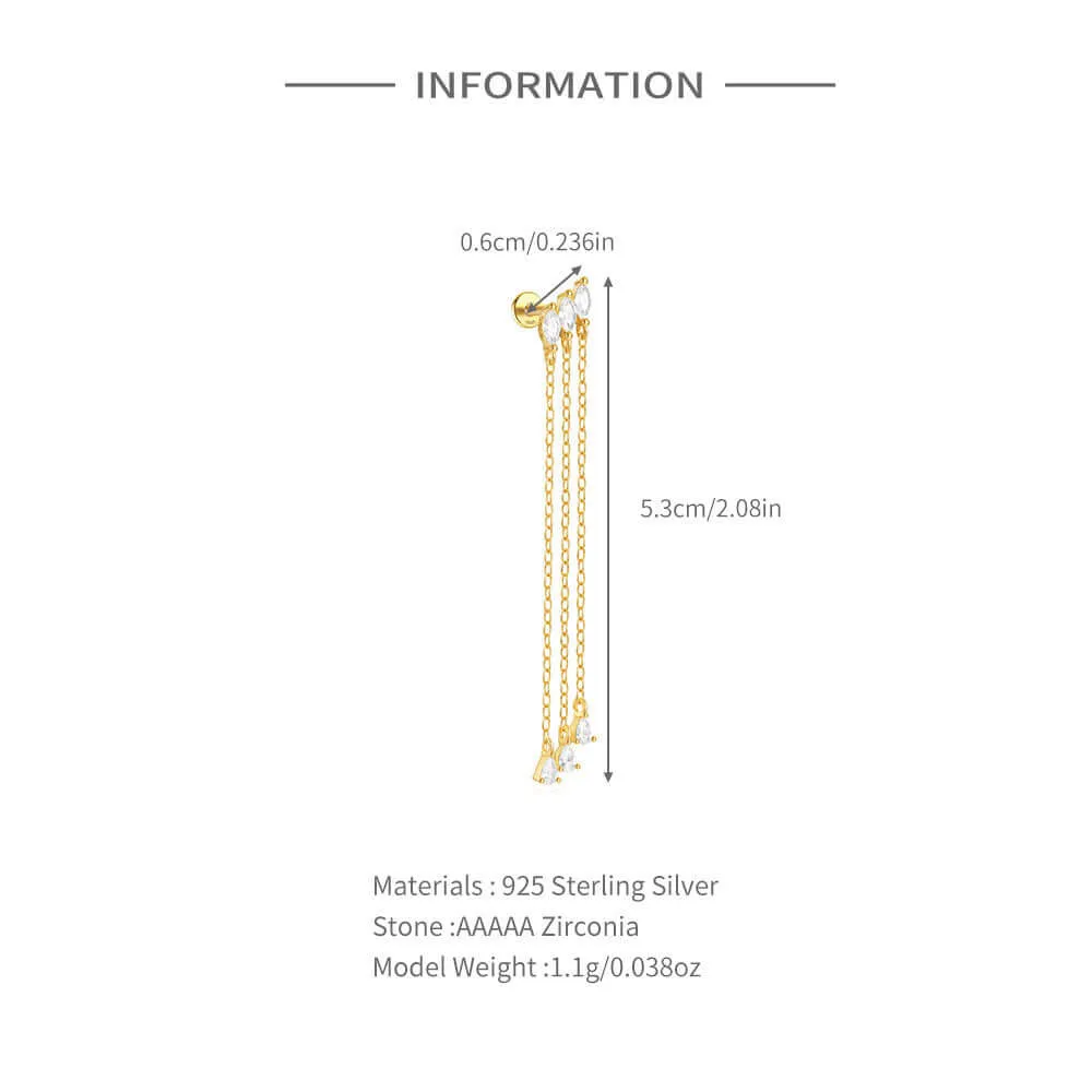 925 Silver Square Tassel CZ Diamond Flat Back Earrings