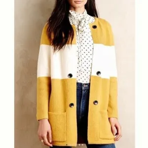 Anthropologie La Fee Verte Oversized Yellow &amp; Cream Cardigan Sweater Size XS