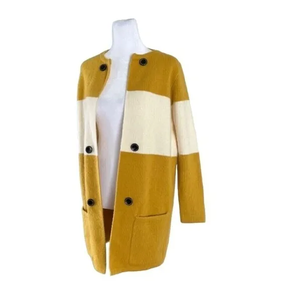 Anthropologie La Fee Verte Oversized Yellow &amp; Cream Cardigan Sweater Size XS