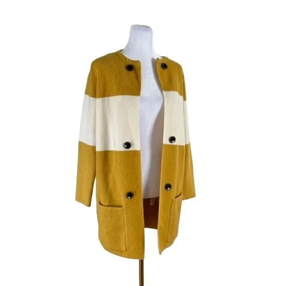 Anthropologie La Fee Verte Oversized Yellow &amp; Cream Cardigan Sweater Size XS
