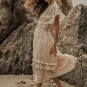 Bohme Willa Ruffle Dress in Bone Size Medium NWOT