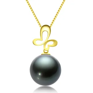 Butterfly 18K Gold Black Tahitian Pearl Necklace with 18'' Chain (Sterling Silver)