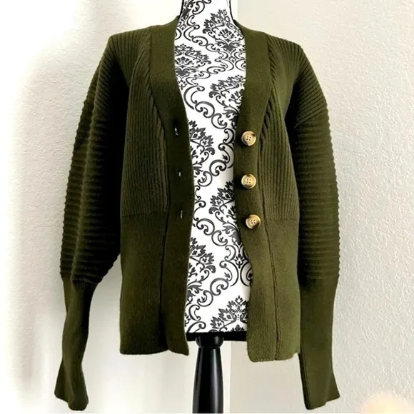 Button Up Balloon Sleeve Ribbed Knit Cardigan in Olive Green - Size S