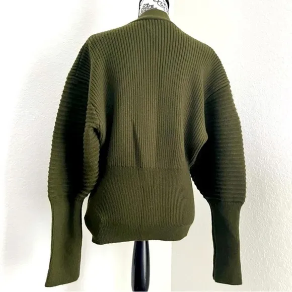 Button Up Balloon Sleeve Ribbed Knit Cardigan in Olive Green - Size S