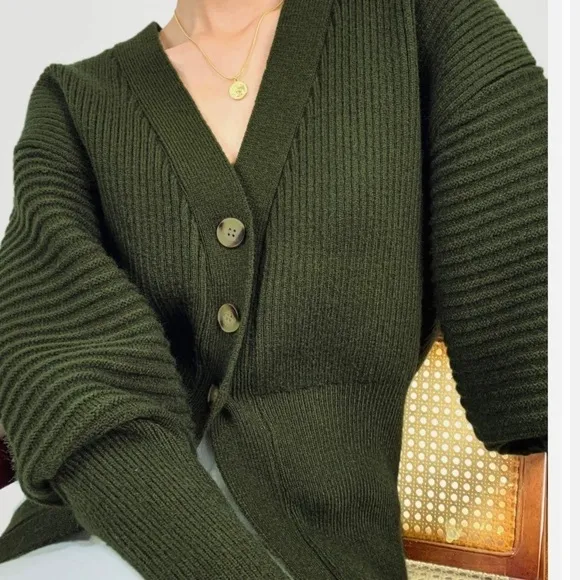 Button Up Balloon Sleeve Ribbed Knit Cardigan in Olive Green - Size S