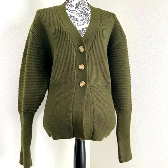 Button Up Balloon Sleeve Ribbed Knit Cardigan in Olive Green - Size S