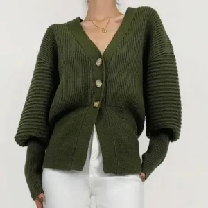 Button Up Balloon Sleeve Ribbed Knit Cardigan in Olive Green - Size S