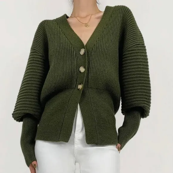 Button Up Balloon Sleeve Ribbed Knit Cardigan in Olive Green - Size S