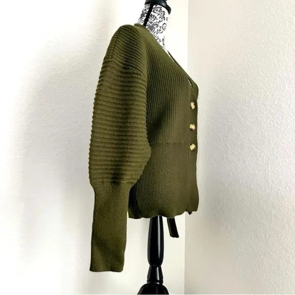 Button Up Balloon Sleeve Ribbed Knit Cardigan in Olive Green - Size S