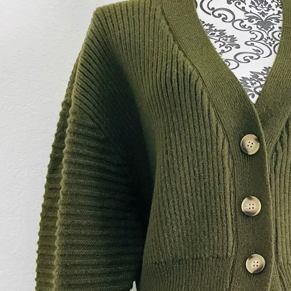 Button Up Balloon Sleeve Ribbed Knit Cardigan in Olive Green - Size S