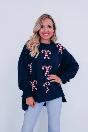 Candy Cane Sequin Patch Hi Lo Top - Navy