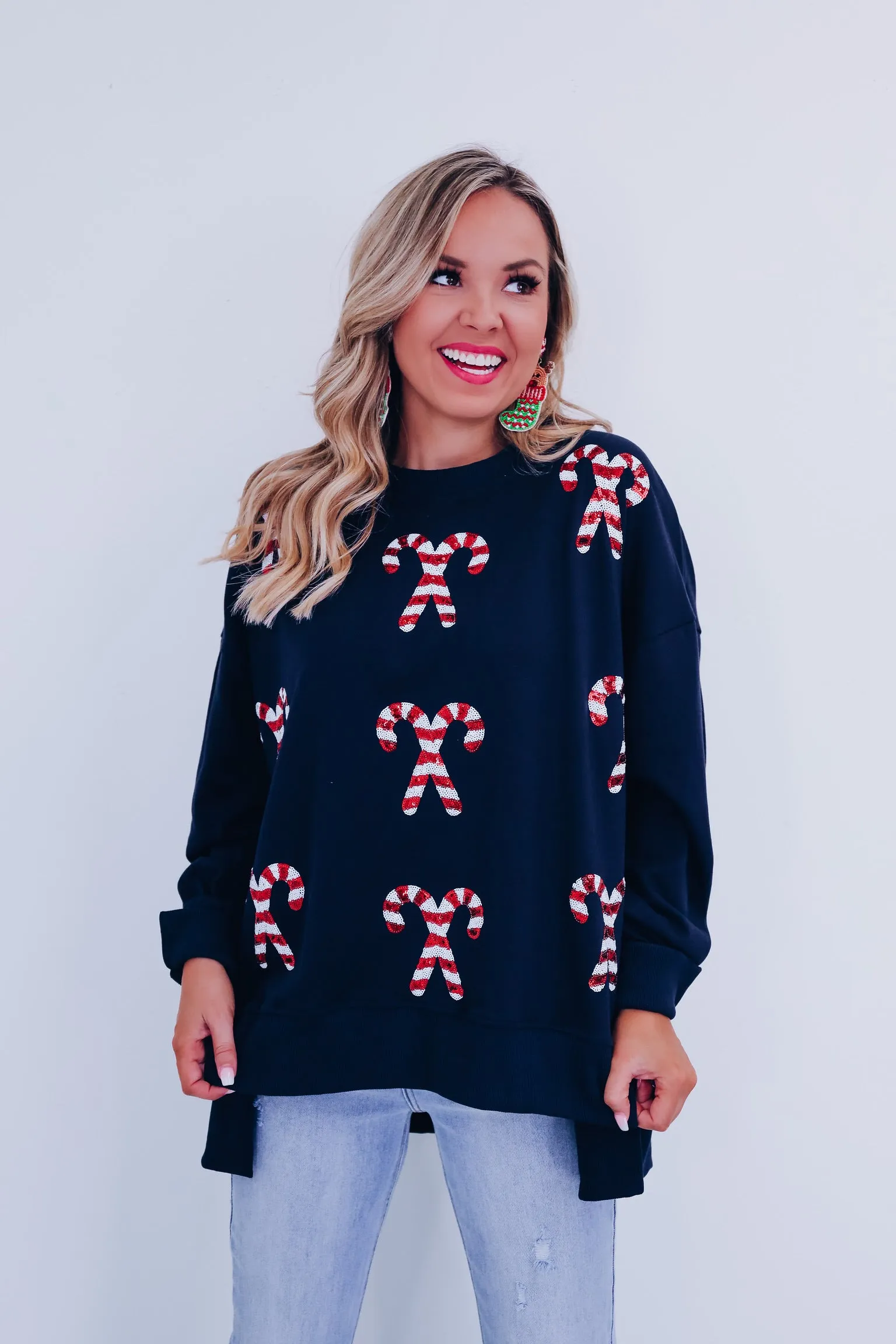 Candy Cane Sequin Patch Hi Lo Top - Navy