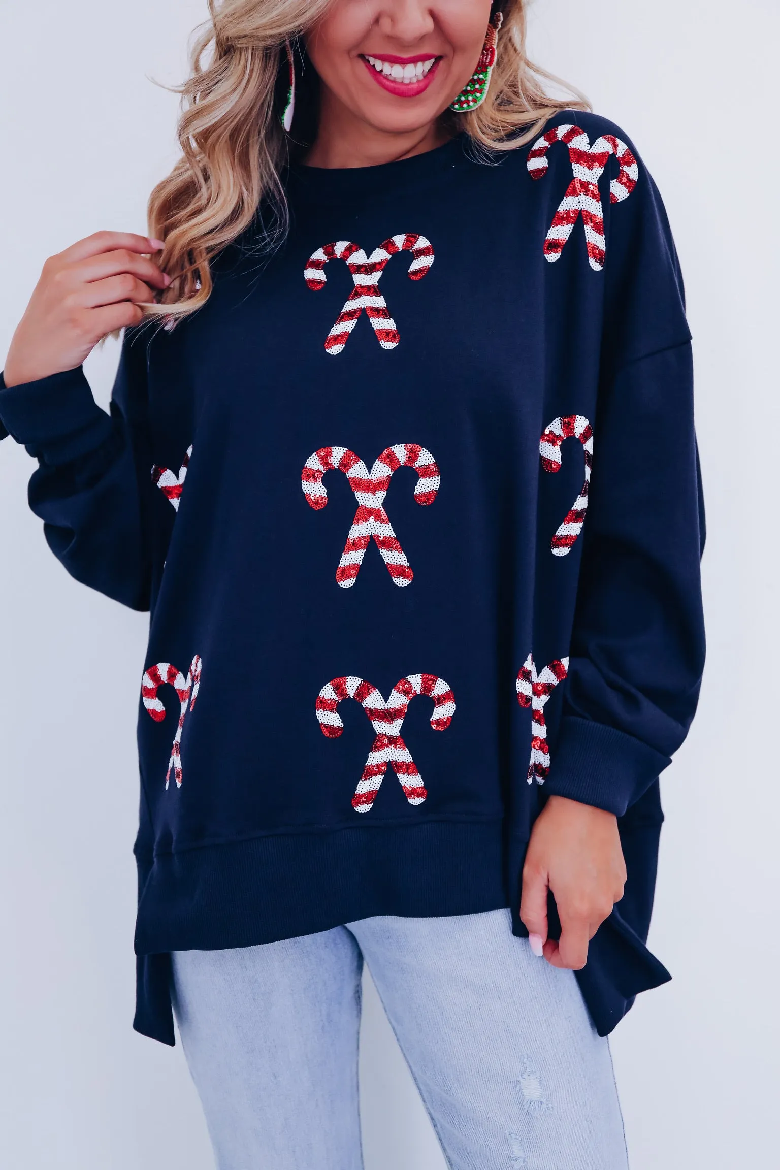 Candy Cane Sequin Patch Hi Lo Top - Navy