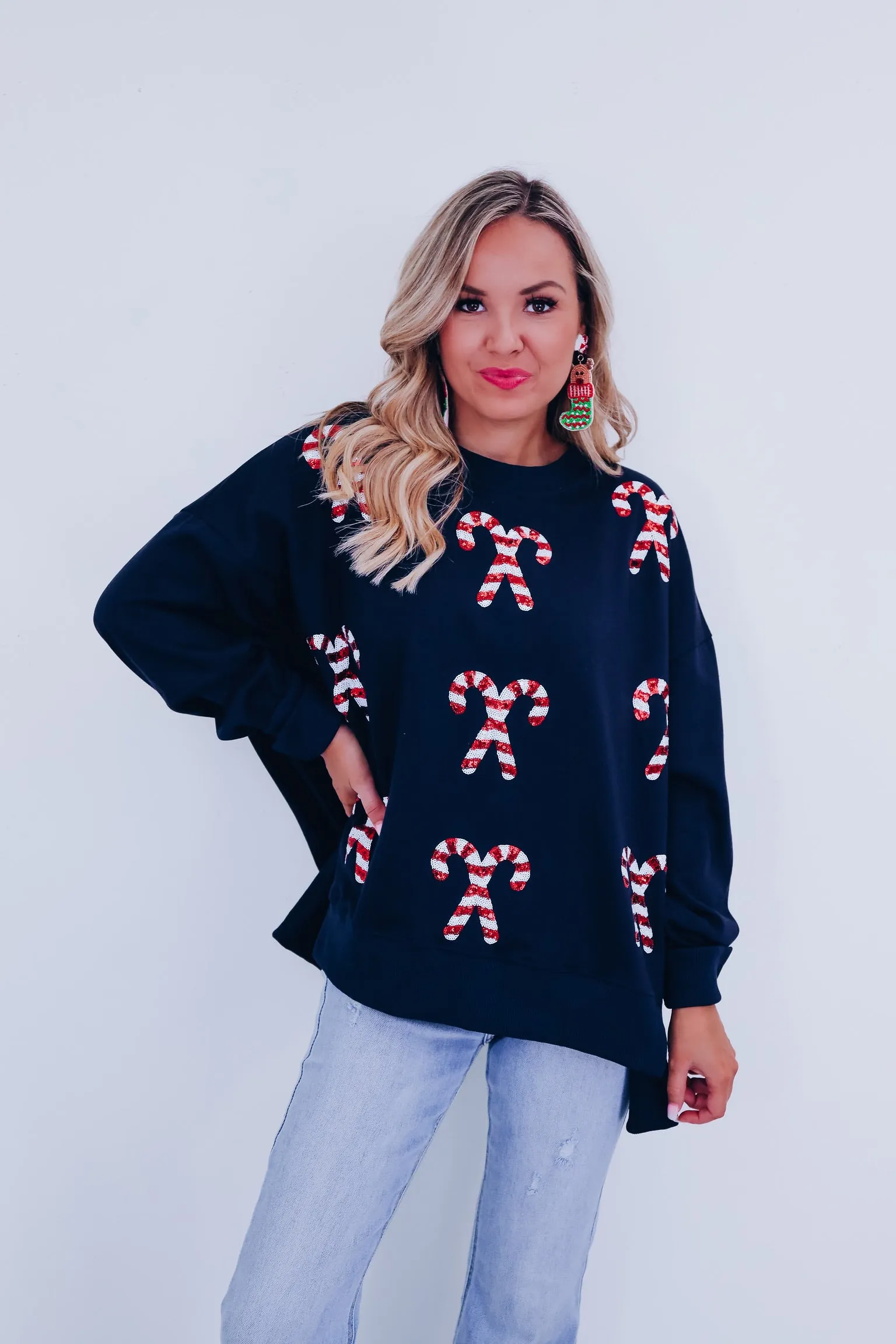 Candy Cane Sequin Patch Hi Lo Top - Navy
