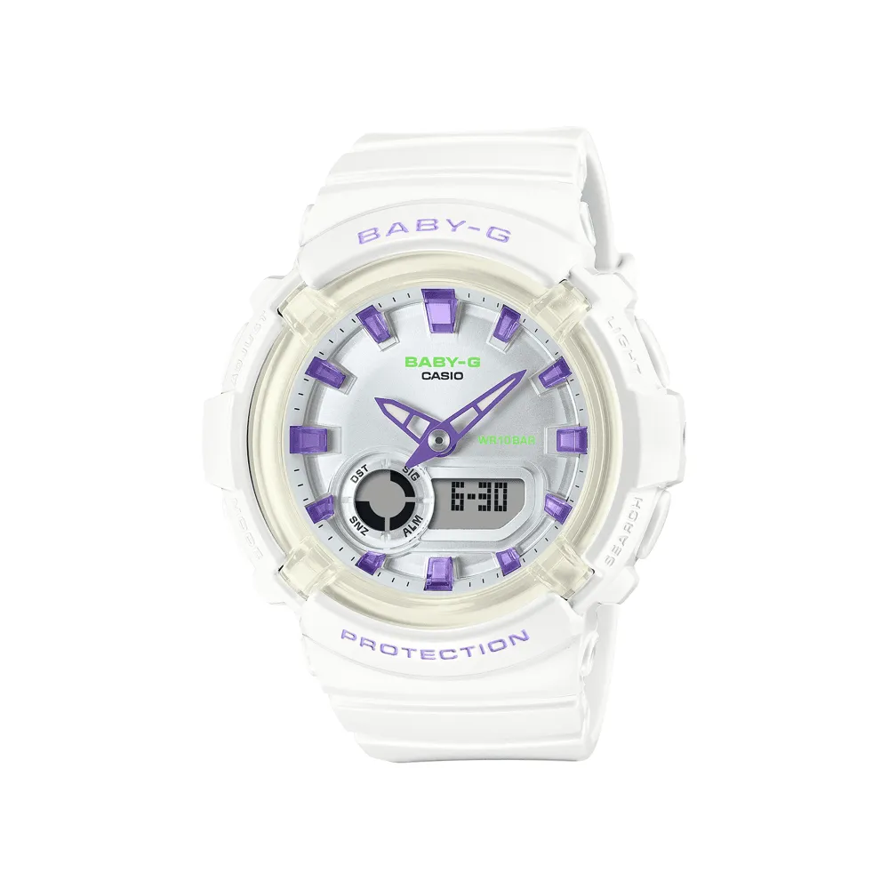 Casio Baby G Duo Dance In Neon Led Worldtime Stopwatch Alarm 100M Water Resistant White W/ Purple Accent Resin BGA280DN-7A