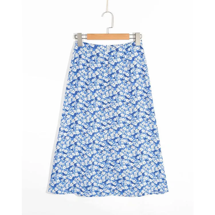 Casual Floral Blue Print High Waist A-Line Long Skirt