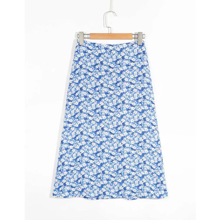 Casual Floral Blue Print High Waist A-Line Long Skirt