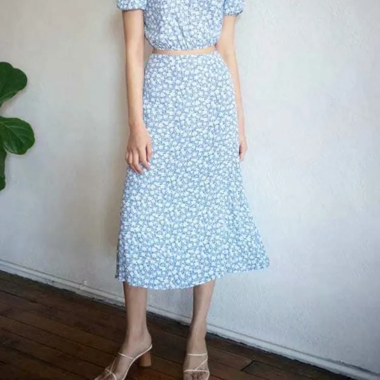 Casual Floral Blue Print High Waist A-Line Long Skirt