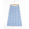 Casual Floral Blue Print High Waist A-Line Long Skirt