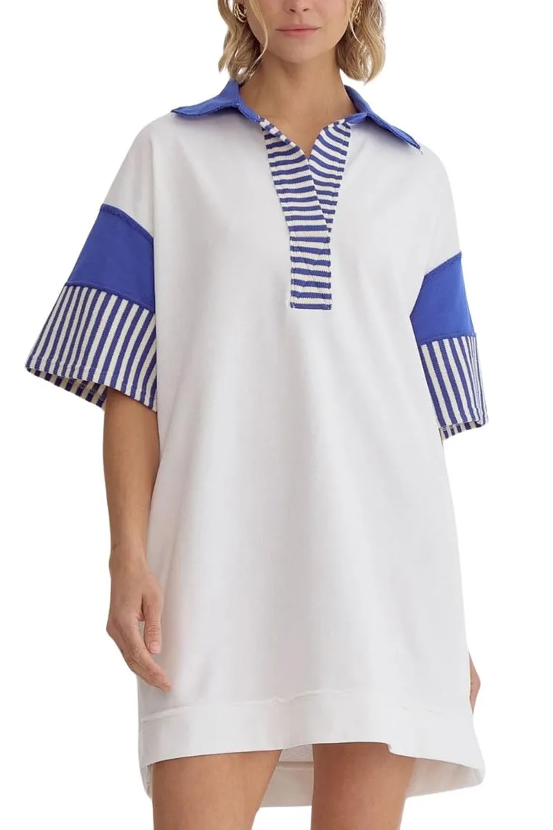 Chouyatou Women's Summer V-Neck Polo Collared Mini Dress Loose Casual Striped Splicing T-Shirt Dress