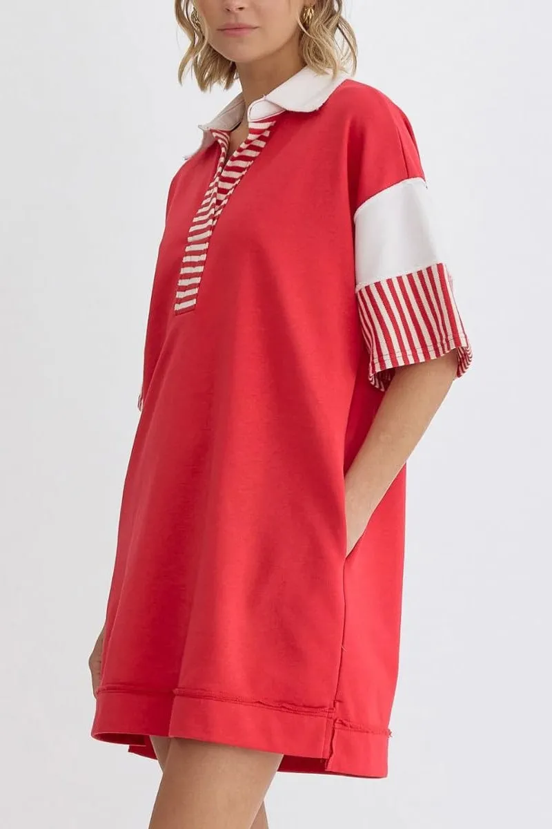 Chouyatou Women's Summer V-Neck Polo Collared Mini Dress Loose Casual Striped Splicing T-Shirt Dress
