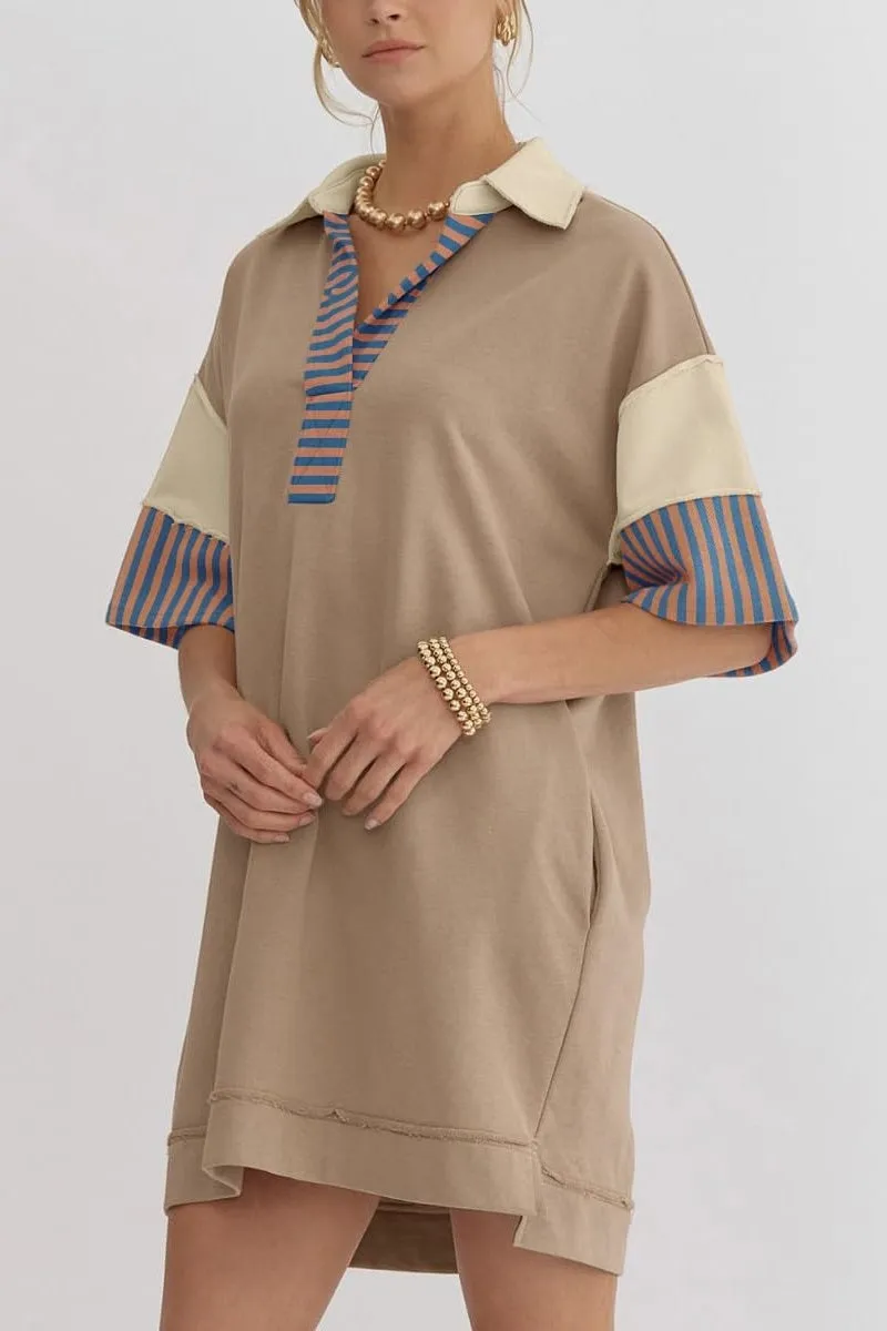 Chouyatou Women's Summer V-Neck Polo Collared Mini Dress Loose Casual Striped Splicing T-Shirt Dress