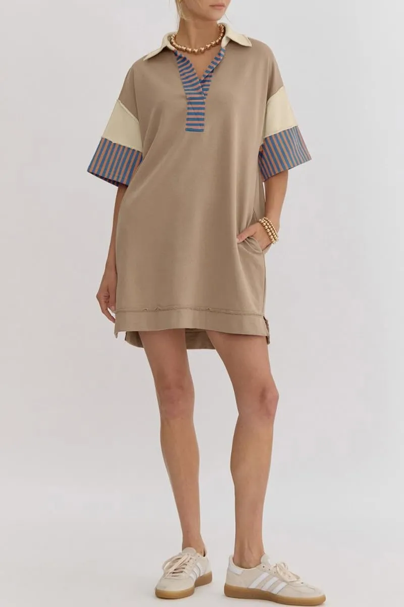Chouyatou Women's Summer V-Neck Polo Collared Mini Dress Loose Casual Striped Splicing T-Shirt Dress