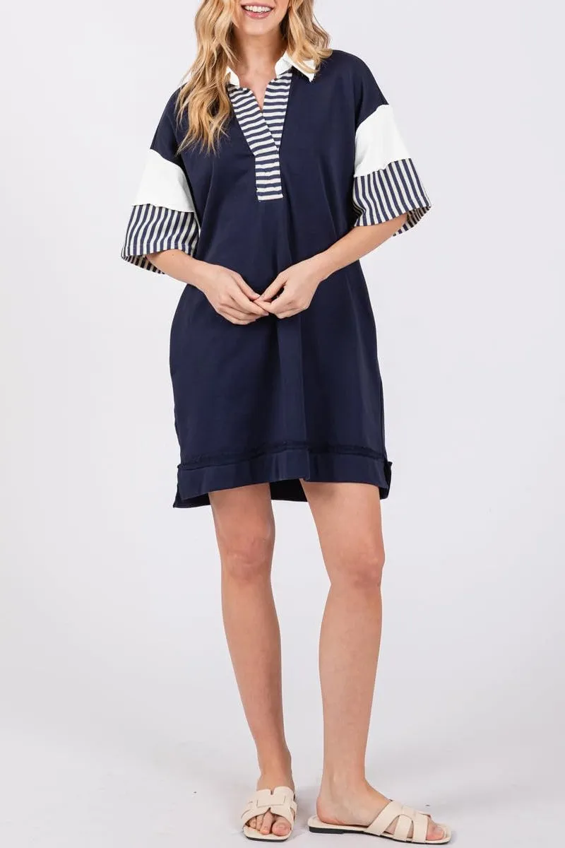 Chouyatou Women's Summer V-Neck Polo Collared Mini Dress Loose Casual Striped Splicing T-Shirt Dress