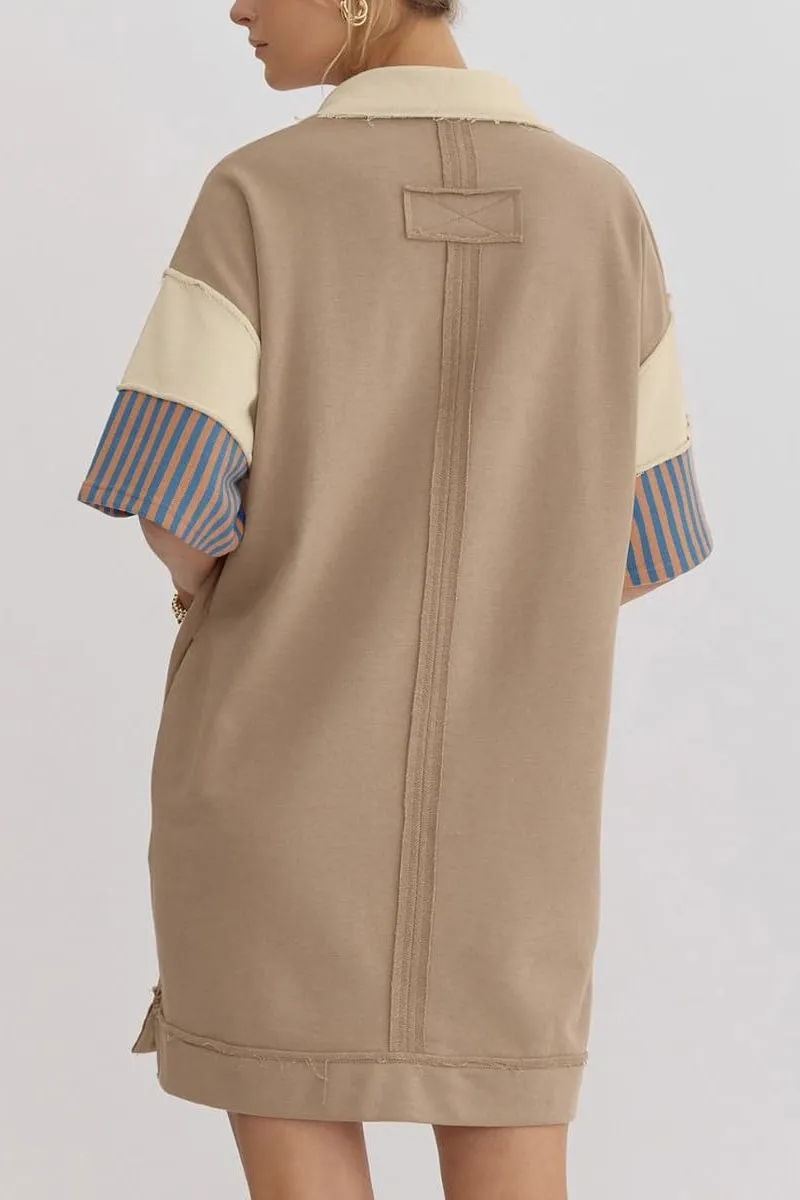 Chouyatou Women's Summer V-Neck Polo Collared Mini Dress Loose Casual Striped Splicing T-Shirt Dress