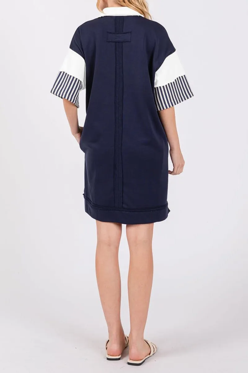 Chouyatou Women's Summer V-Neck Polo Collared Mini Dress Loose Casual Striped Splicing T-Shirt Dress