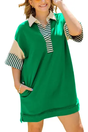 Chouyatou Women's Summer V-Neck Polo Collared Mini Dress Loose Casual Striped Splicing T-Shirt Dress