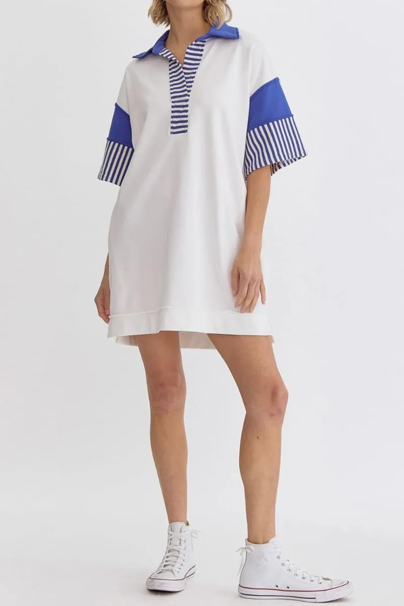 Chouyatou Women's Summer V-Neck Polo Collared Mini Dress Loose Casual Striped Splicing T-Shirt Dress