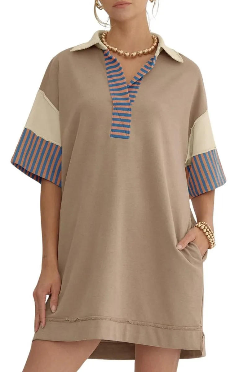 Chouyatou Women's Summer V-Neck Polo Collared Mini Dress Loose Casual Striped Splicing T-Shirt Dress