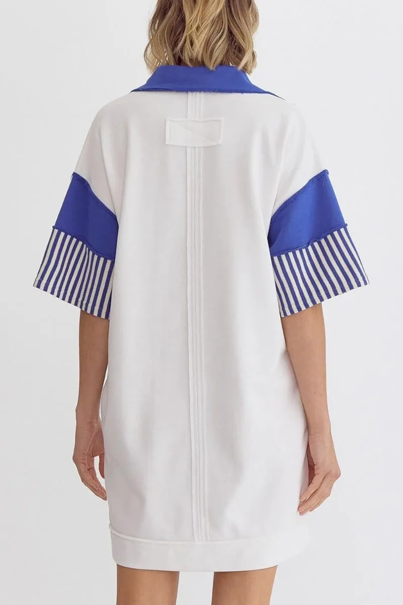 Chouyatou Women's Summer V-Neck Polo Collared Mini Dress Loose Casual Striped Splicing T-Shirt Dress