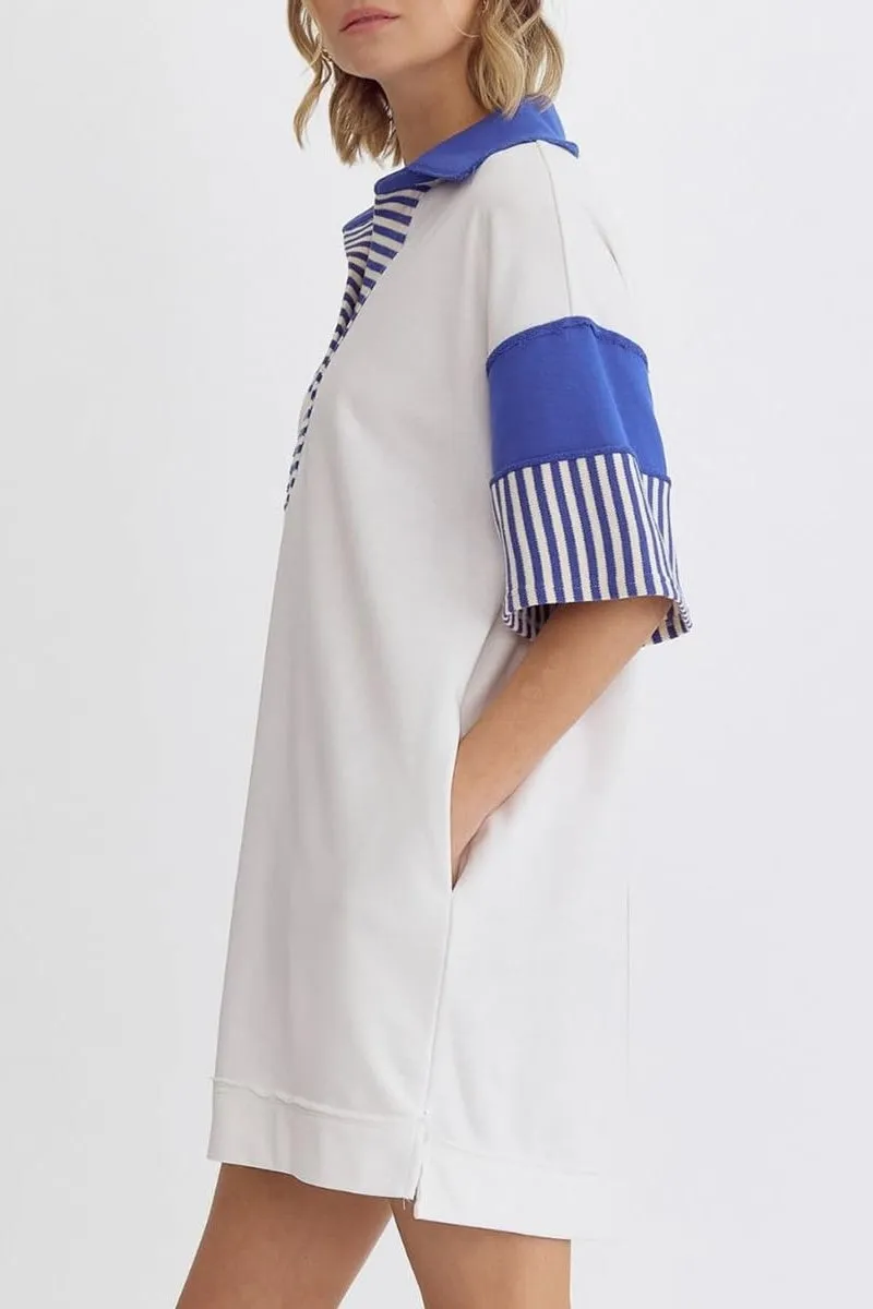 Chouyatou Women's Summer V-Neck Polo Collared Mini Dress Loose Casual Striped Splicing T-Shirt Dress