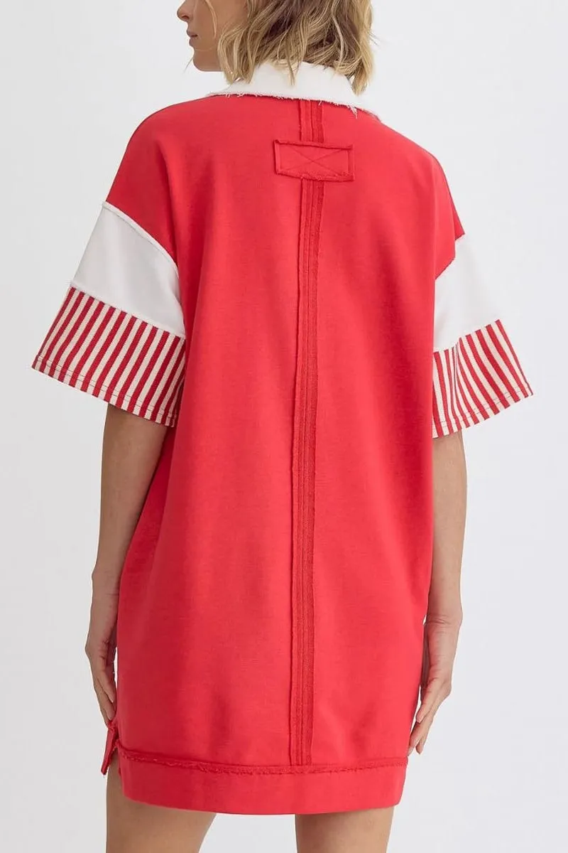 Chouyatou Women's Summer V-Neck Polo Collared Mini Dress Loose Casual Striped Splicing T-Shirt Dress