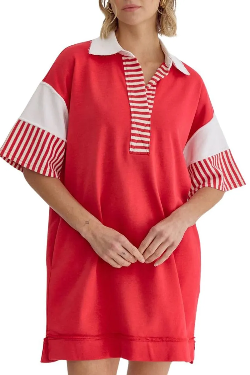 Chouyatou Women's Summer V-Neck Polo Collared Mini Dress Loose Casual Striped Splicing T-Shirt Dress