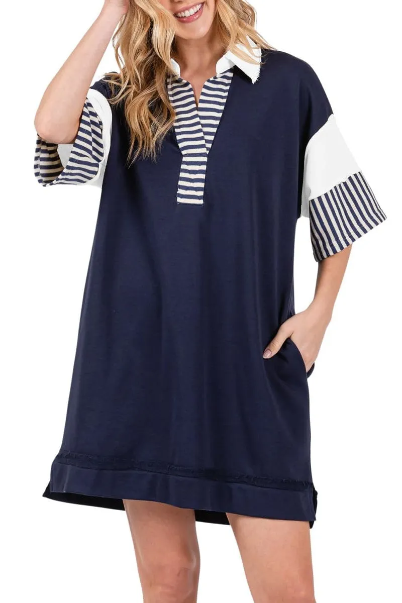 Chouyatou Women's Summer V-Neck Polo Collared Mini Dress Loose Casual Striped Splicing T-Shirt Dress
