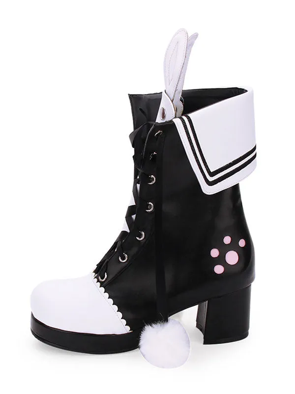 Classic Lolita Boots Pom Pom Bunny Ear Two Tone Chunky Heel PU Lolita Shoes
