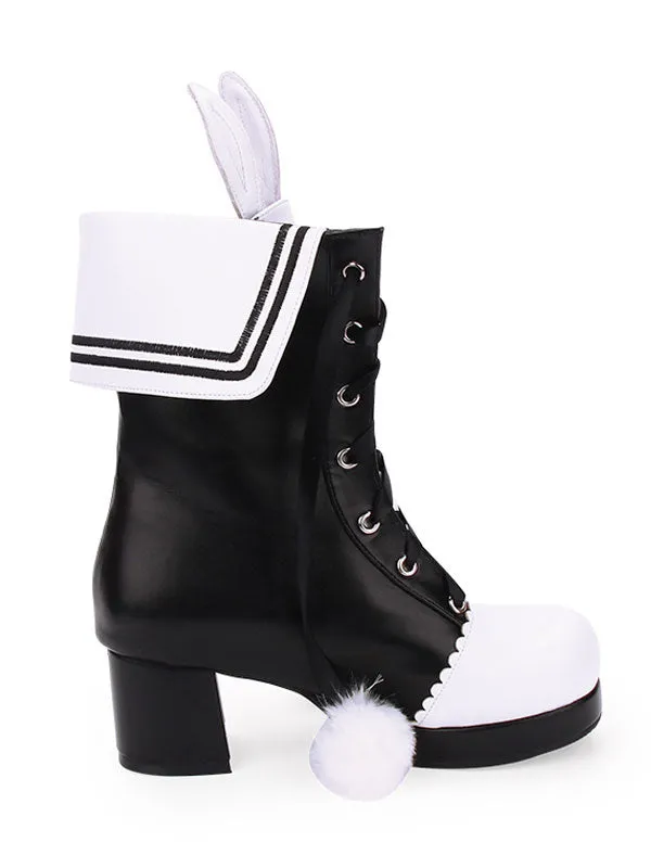 Classic Lolita Boots Pom Pom Bunny Ear Two Tone Chunky Heel PU Lolita Shoes